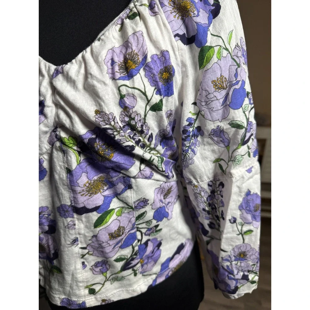 Anthropologie Womens Purple Floral Puff Sleeve Sweetheart Neck Blouse